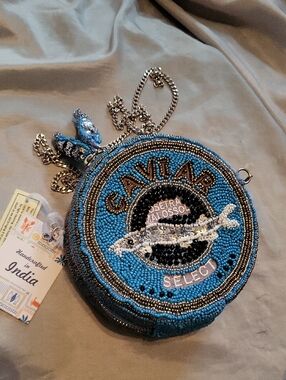 Handcrafted In India Caviar Beaded Bag W Fish Zipper Pulls Bnwt ML
